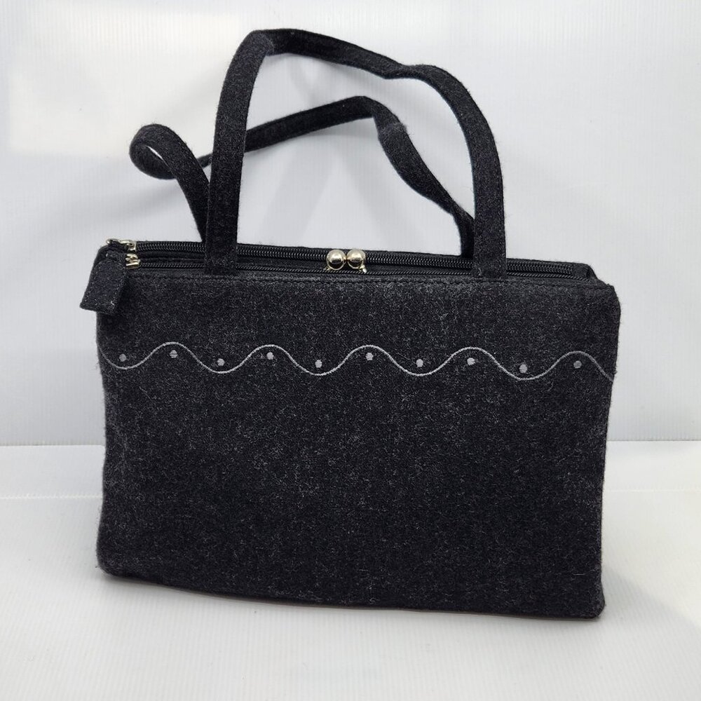 Mondani New York Gray Wool Kiss Lock Frame Handbag Compartment Satchel Purse